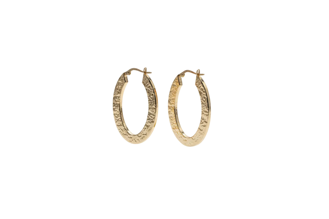 Yellow Gold Textured Oval Hoops 14k