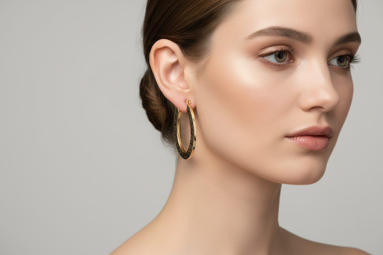 Yellow Gold Textured Oval Hoops 14k
