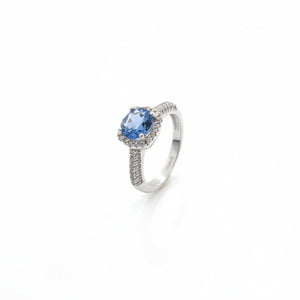Sterling Silver Oval Blue CZ Halo Ring with Pave Band Ring