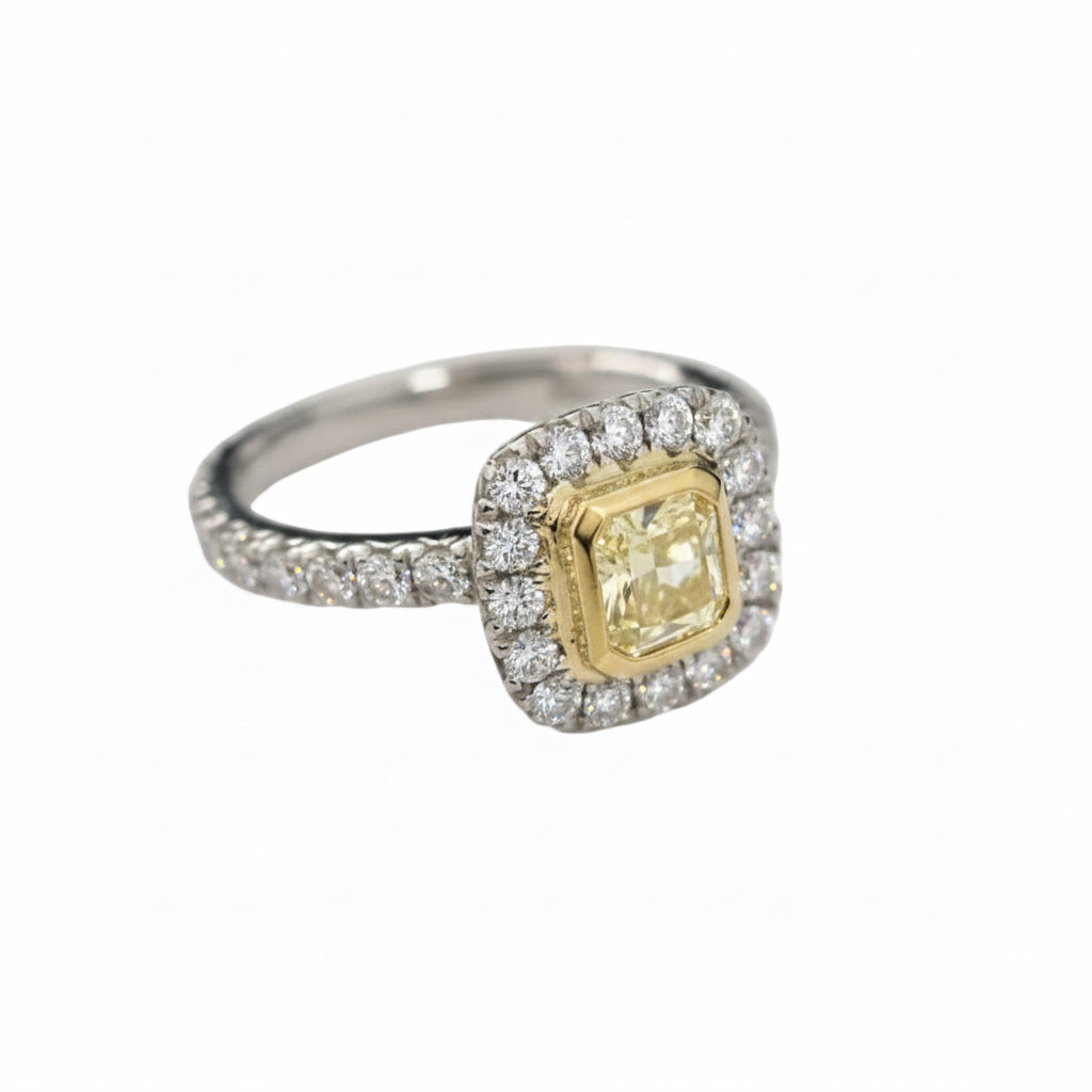 18k Two-Tone Cushion Yellow Diamond Pave Halo Ring