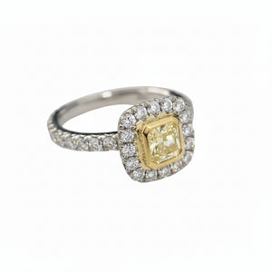 18k Two-Tone Cushion Yellow Diamond Pave Halo Ring