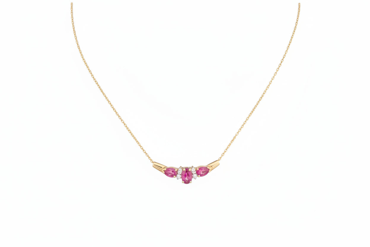 10k Yellow Gold Triple Ruby and Diamond Necklace.