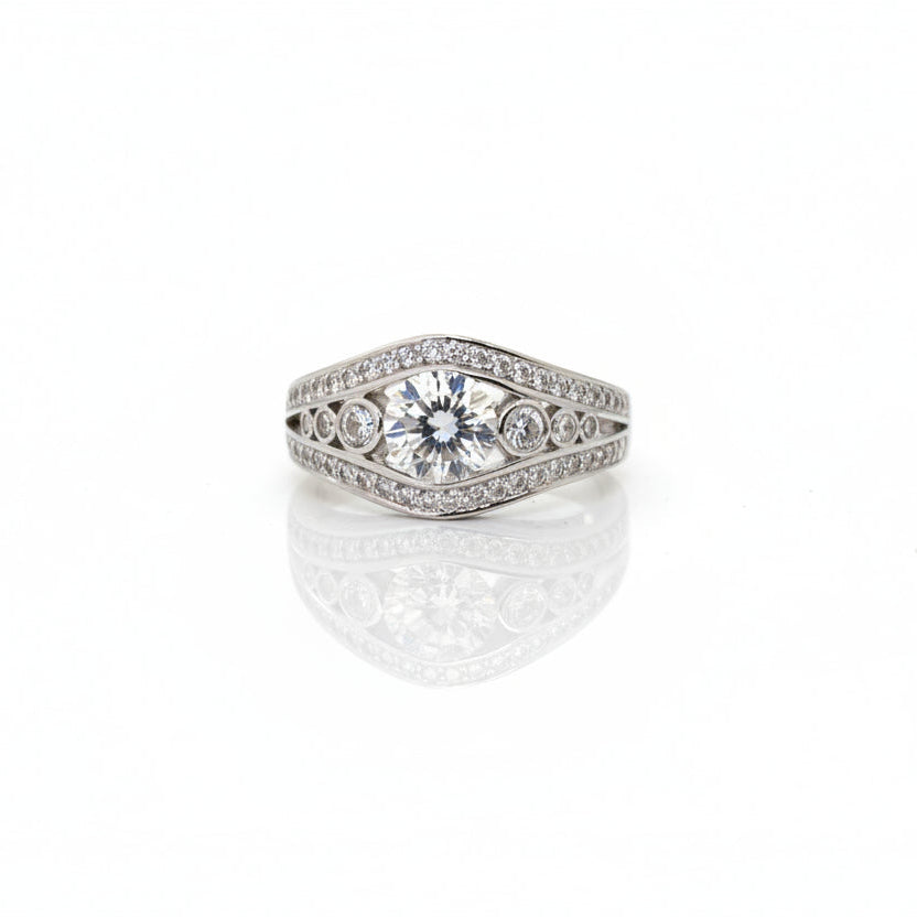 Sterling Silver Bypass CZ Ring with Bezel Accents