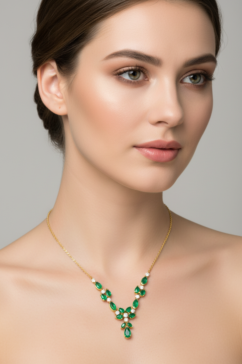 Yellow Gold Colombian Emerald and Diamond Necklace. 14k E:2.13ct TDW: 0.3ct. VS HI