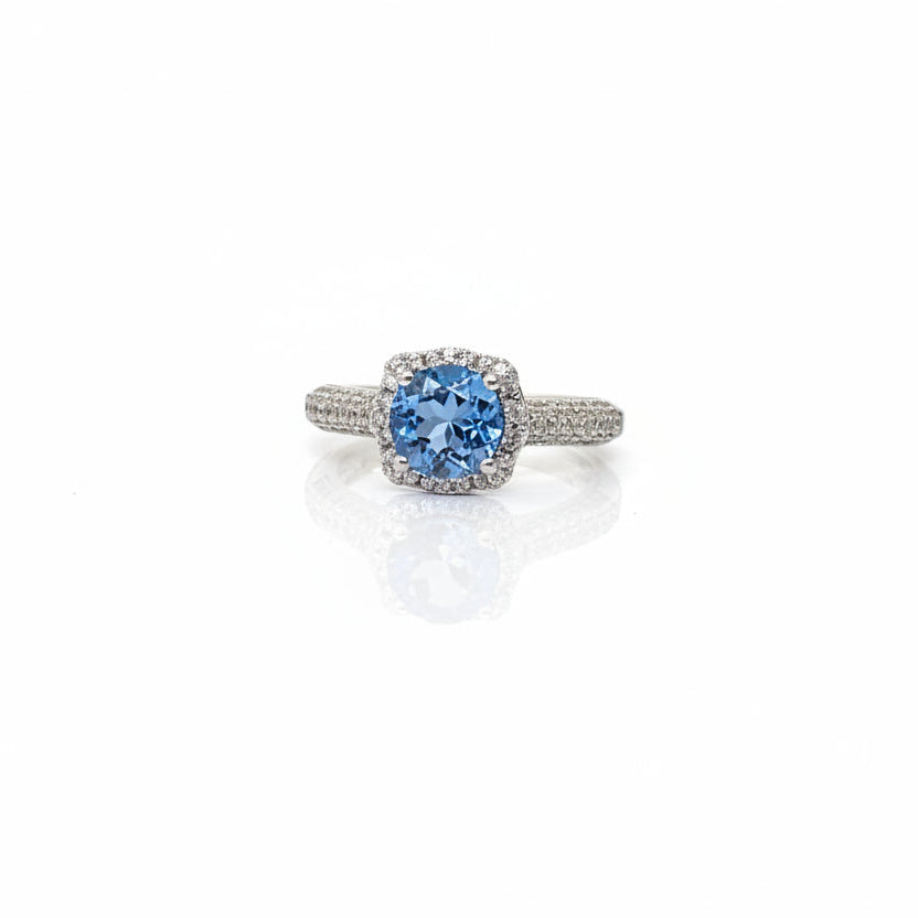 Sterling Silver Oval Blue CZ Halo Ring with Pave Band Ring