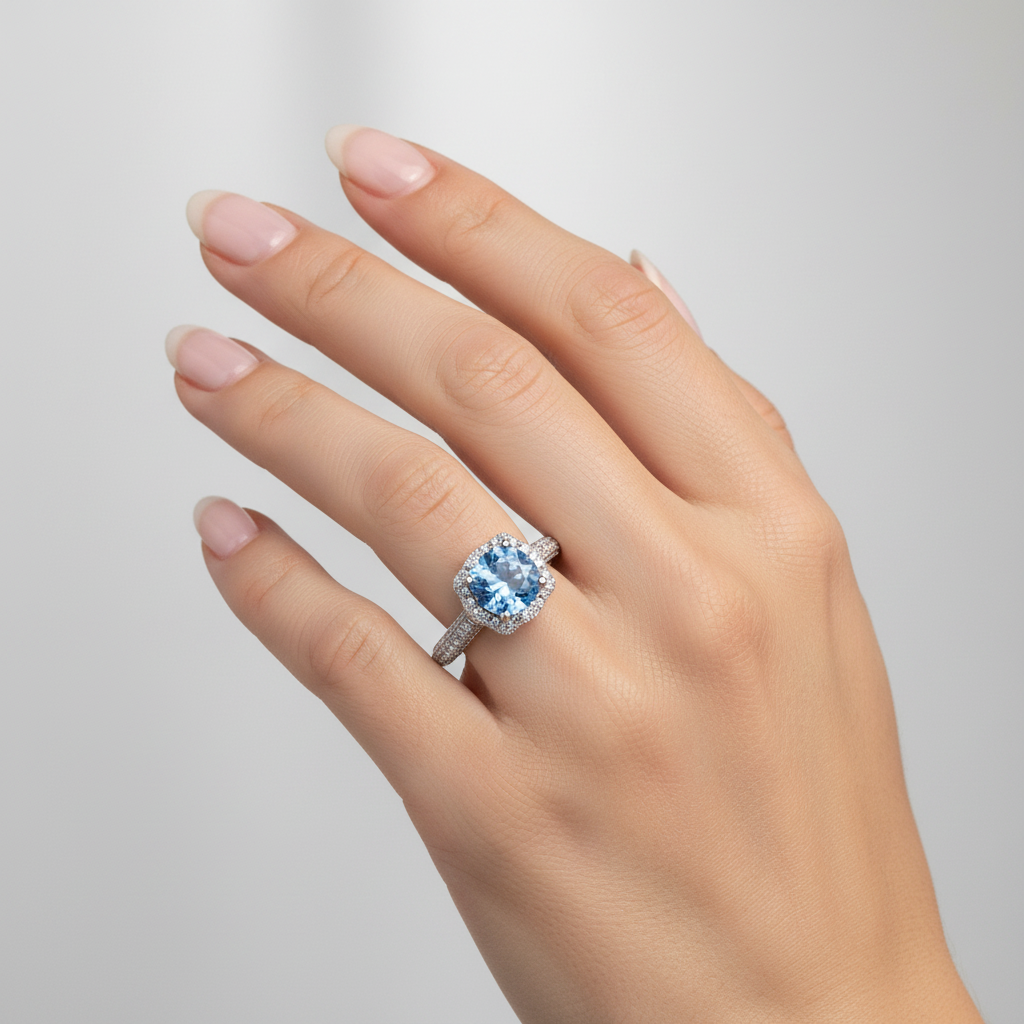 Sterling Silver Oval Blue CZ Halo Ring with Pave Band Ring