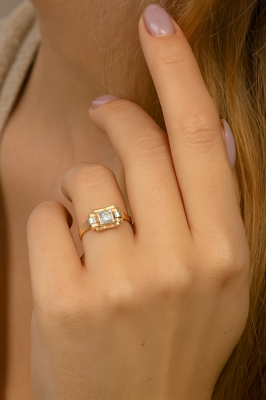 Tri-tone Gold Art Deco CZ Ring.
