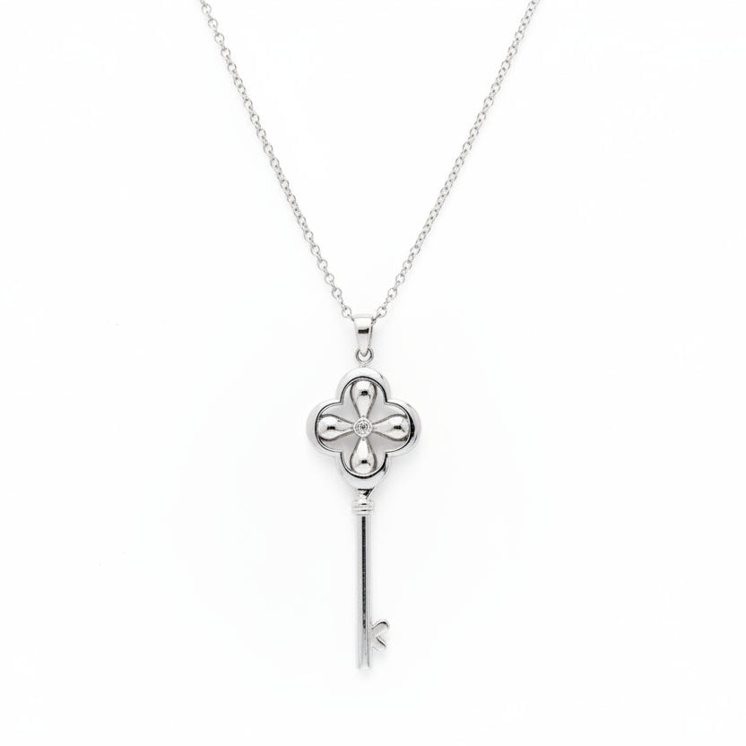 Sterling Silver Clover Key Pendant with Cubic Zirconia Accent Pendant Necklace