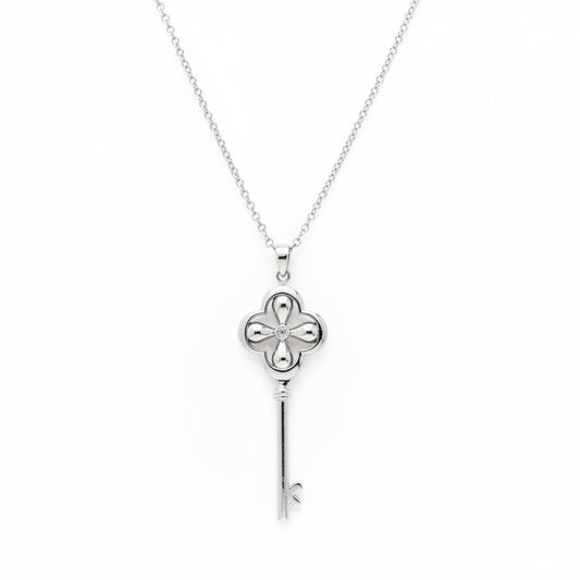 Sterling Silver Clover Key Pendant with Cubic Zirconia Accent Pendant Necklace