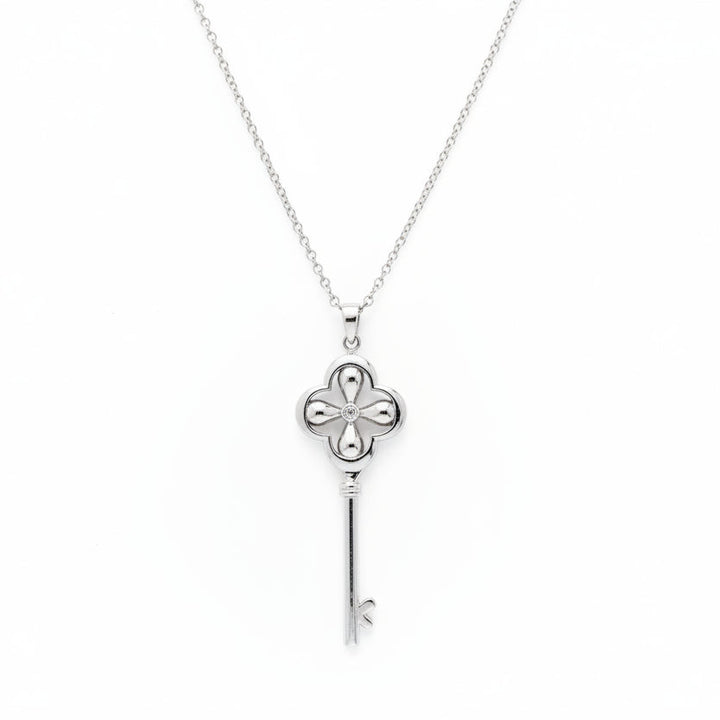 Sterling Silver Clover Key Pendant with Cubic Zirconia Accent Pendant Necklace