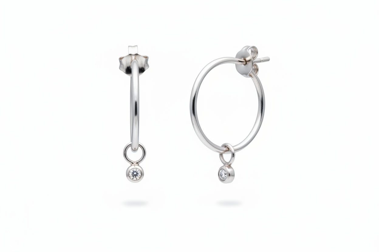 Sterling Silver Round Earrings with One Dangling Crystal