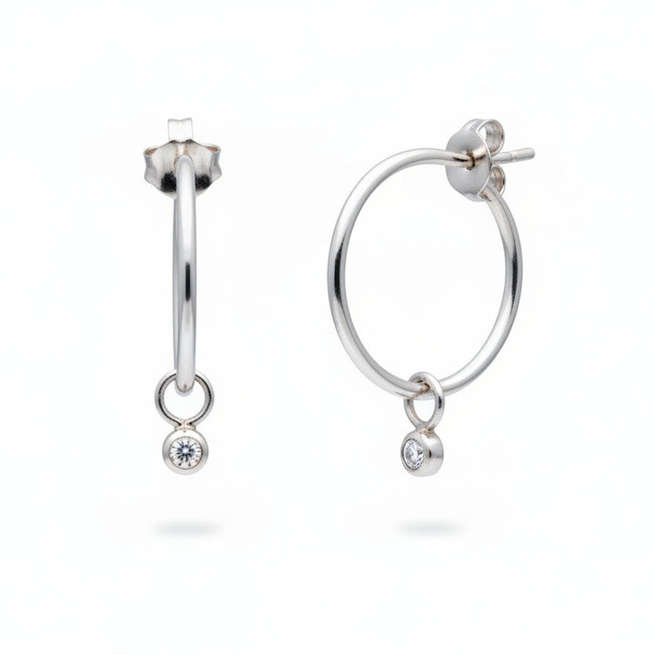 925 Sterling Silver Bezel-Set CZ Charm Hoop Earrings