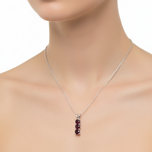 Sterling Silver Three Stone Red Cubic Zirconia Vertical Pendant