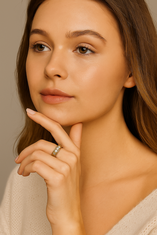 Vintage Yellow Gold Victorian Style 5 Diamonds Band. 14K,  TDW: 0.35ct, SI, GH