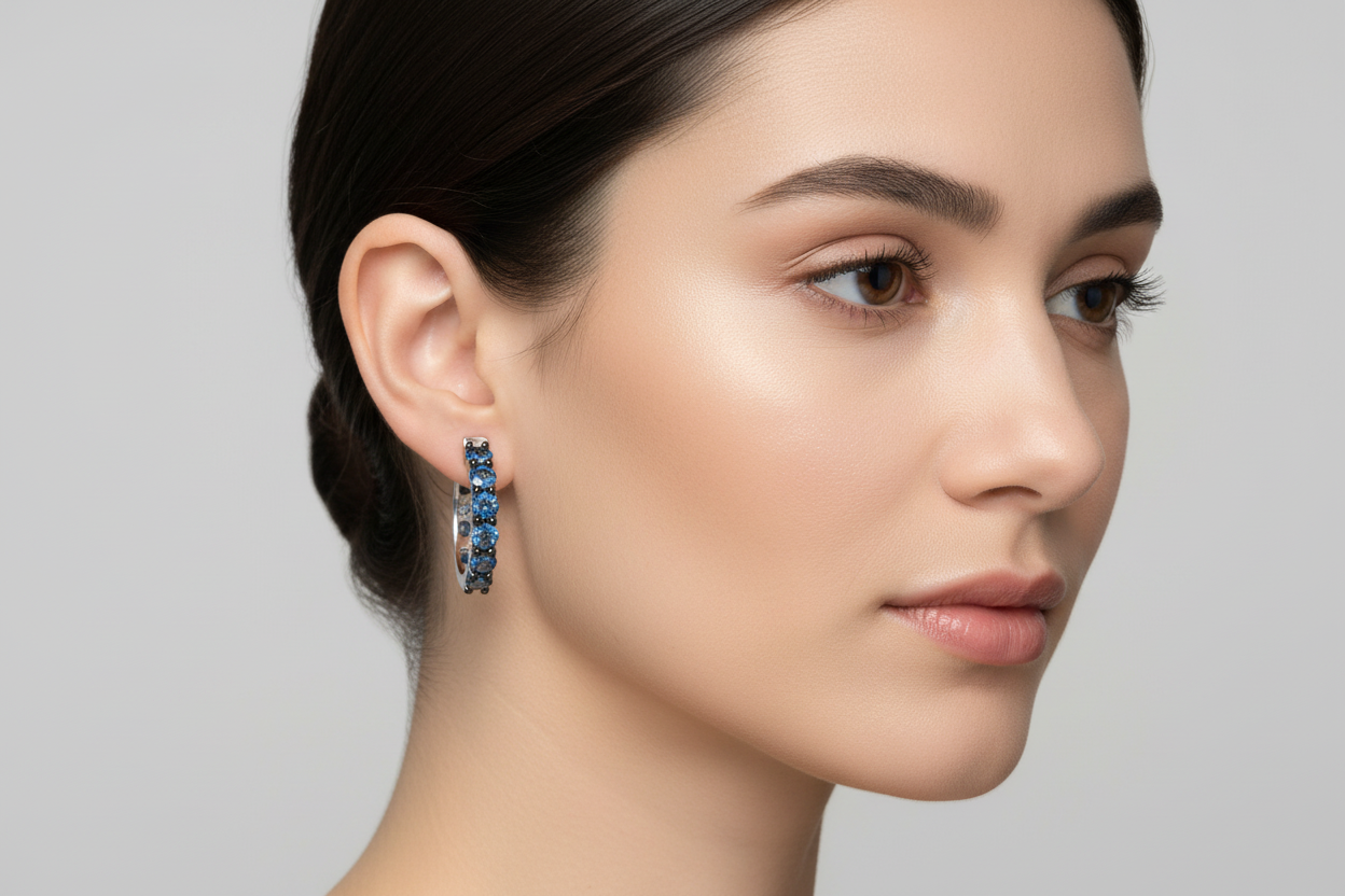 Sterling Silver Blue CZ Hoop Earrings CZ