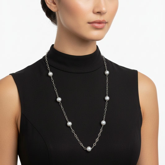 White Gold Station Necklace With Salt Water Pearls, 14k, 28Inches