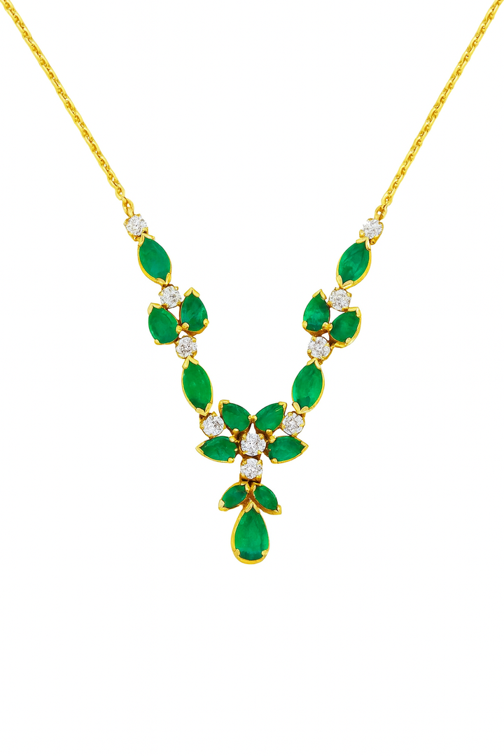 14K Yellow Gold Colombian Emerald and Diamond Necklace. E:2.13ct TDW: 0.30ct. VS HI