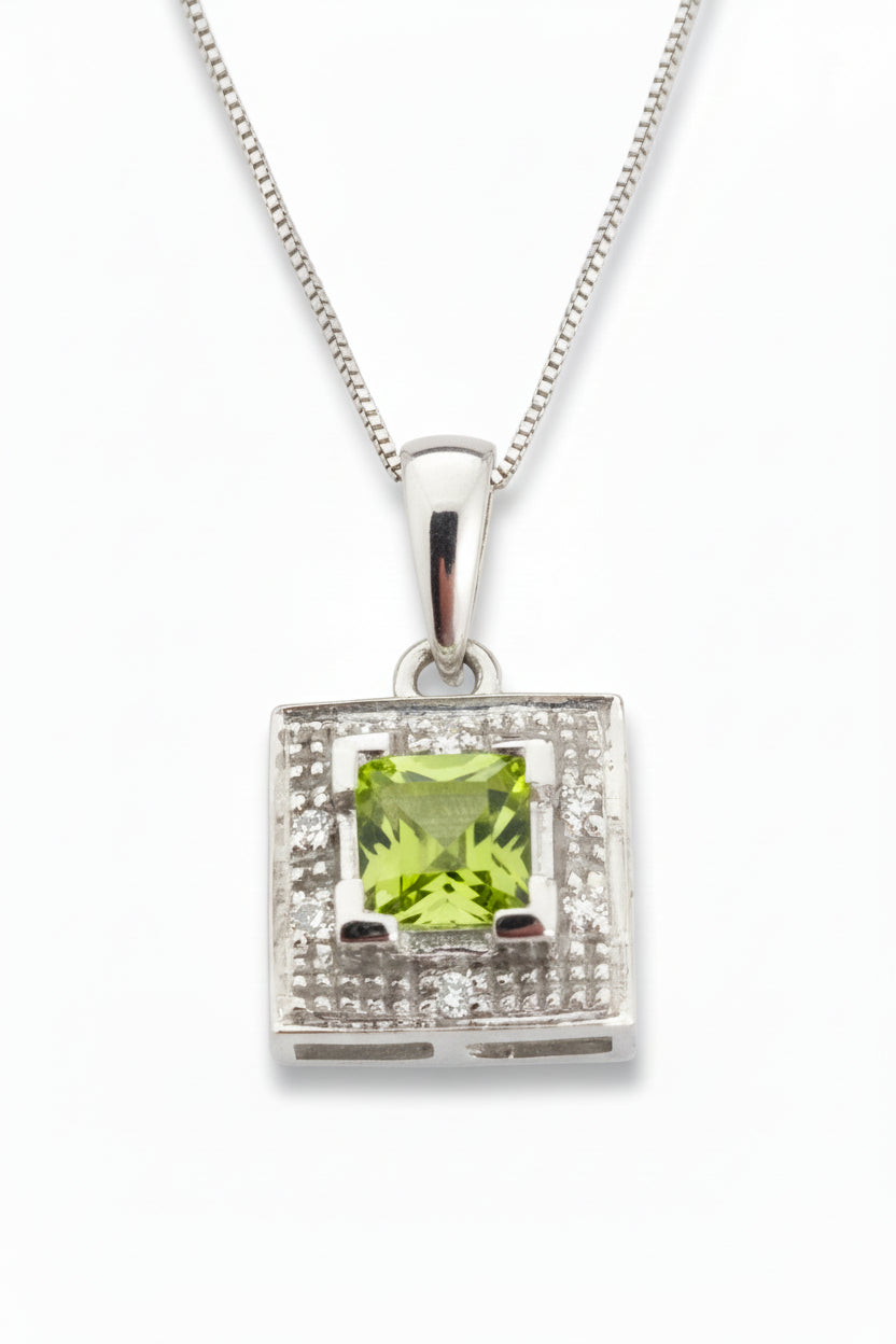 10k White Gold Peridot and Diamond Necklace.