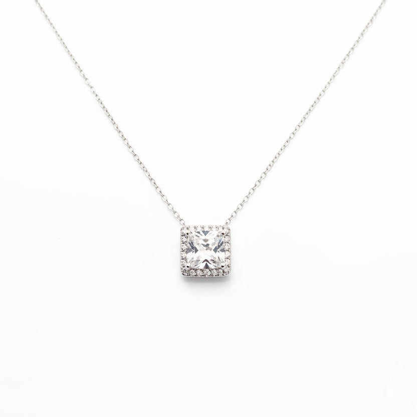 Sterling Silver Princess – cut Cubic Zirconia Halo Pendant Necklace