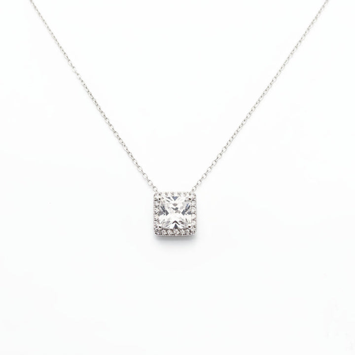 Sterling Silver Princess – cut Cubic Zirconia Halo Pendant Necklace