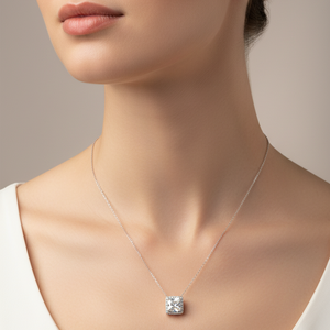Sterling Silver Princess – cut Cubic Zirconia Halo Pendant Necklace