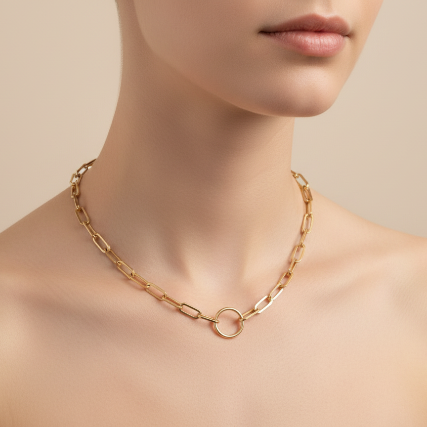 18K Yellow Gold Paper Clip Chain with One single Oval accent 18" 8.8 gr