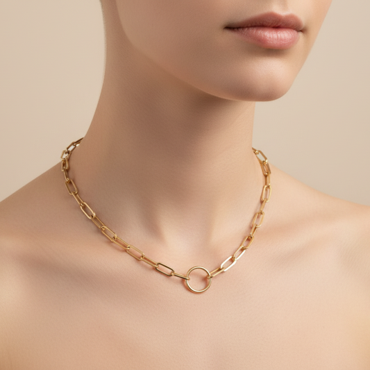 Yellow Gold Paper Clip Chain with One single Oval accent 18k 18 inches 8.8 gr