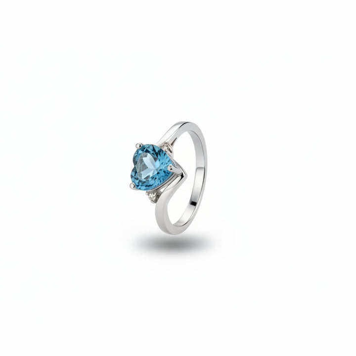925 Sterling Silver Heart Cut Blue Topaz and Diamonds Ring