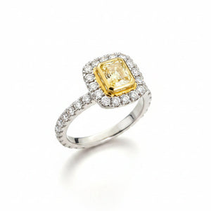 18k Two-Tone Cushion Yellow Diamond Pave Halo Ring