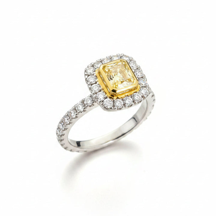 18k Two-Tone Cushion Yellow Diamond Pave Halo Ring