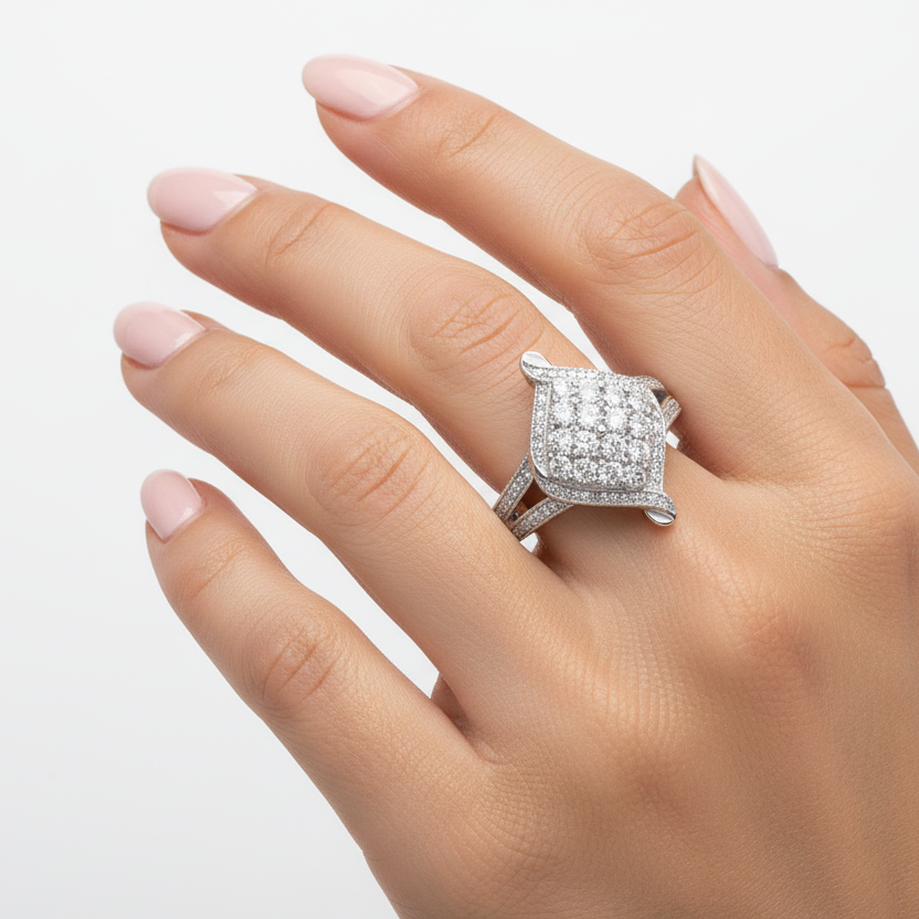 925 Sterling Silver Rhombus Cluster Art Deco Diamond Ring
