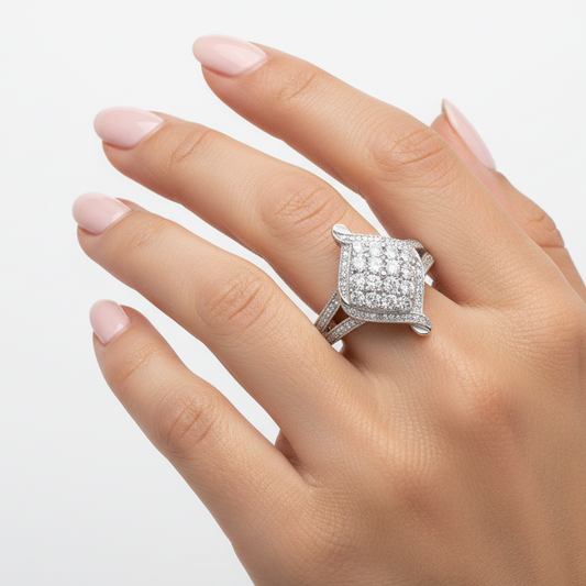 925 Sterling Silver Rhombus Cluster Art Deco Diamond Ring