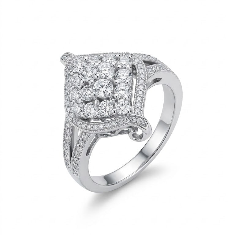 925 Sterling Silver Rhombus Cluster Art Deco Diamond Ring