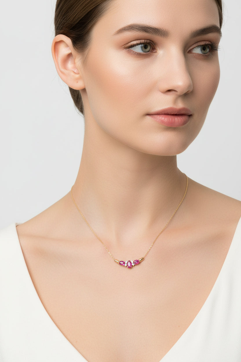 10k Yellow Gold Triple Ruby and Diamond Necklace.