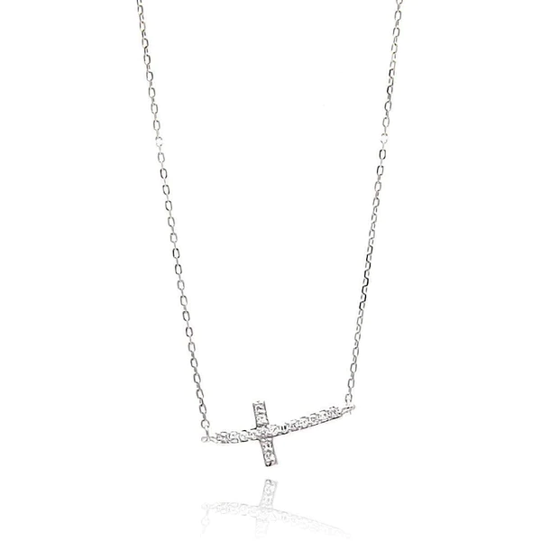 Silver Rhodium Plated Sideways Cross Necklace