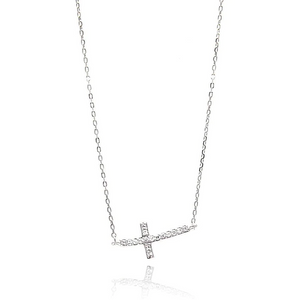Silver Rhodium Plated Sideways Cross Necklace