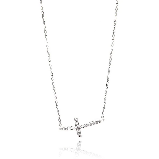 Silver Rhodium Plated Sideways Cross Necklace