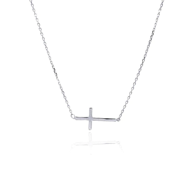 Silver Rhodium Plated Sideways Cross Necklace