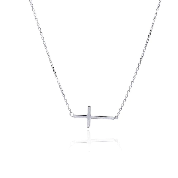 Silver Rhodium-Plated Sideways Cross Necklace