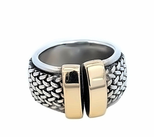 Sterling Silver and Yellow Gold Braided Woven Wide Band Ring. 925/18k, 13.2gr