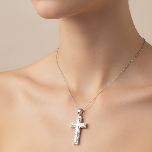 Certified GRA Rhodium Plated 925 Sterling Silver Moissanite Border Cross Hip Hop Pendant.