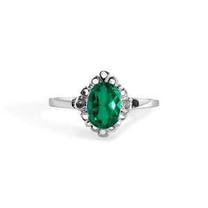Rhodium Plated 925 Sterling Silver Oval Filagree CZ Birthstone-Green- Ring.