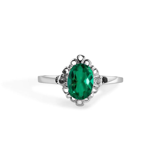 Rhodium Plated 925 Sterling Silver Oval Filagree CZ Birthstone-Green- Ring.