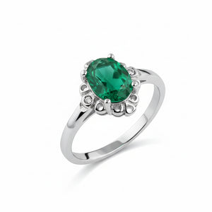 Rhodium Plated 925 Sterling Silver Oval Filagree CZ Birthstone-Green- Ring.