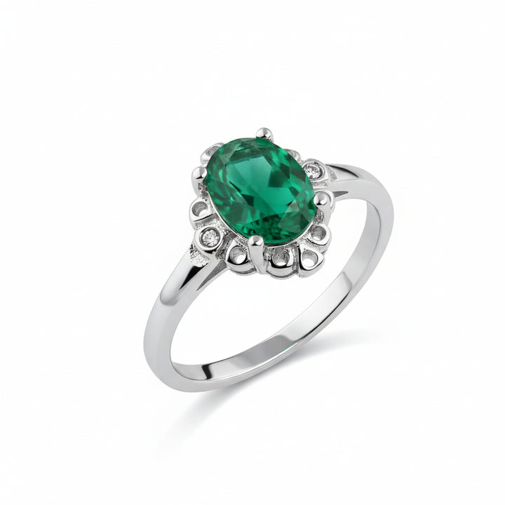 Rhodium Plated 925 Sterling Silver Oval Filagree CZ Birthstone-Green- Ring.