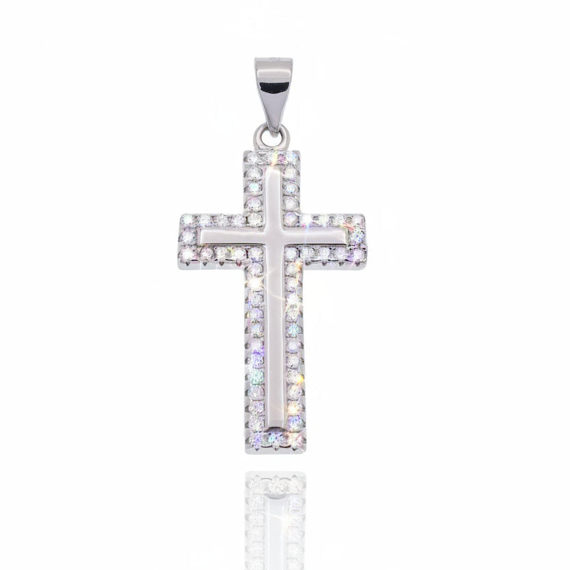 Certified GRA Rhodium Plated 925 Sterling Silver Moissanite Border Cross Hip Hop Pendant.