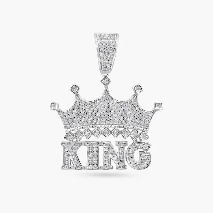 Sterling Silver Rhodium-Plated Sterling Silver Crown King Clear CZ Pendant