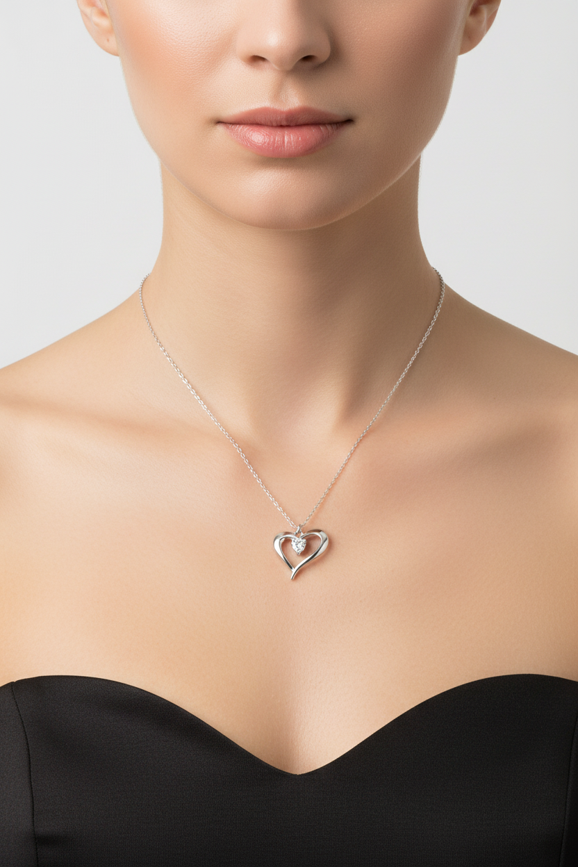 925 Sterling Silver Rhodium Plated Heart Clear CZ Necklace Pendant