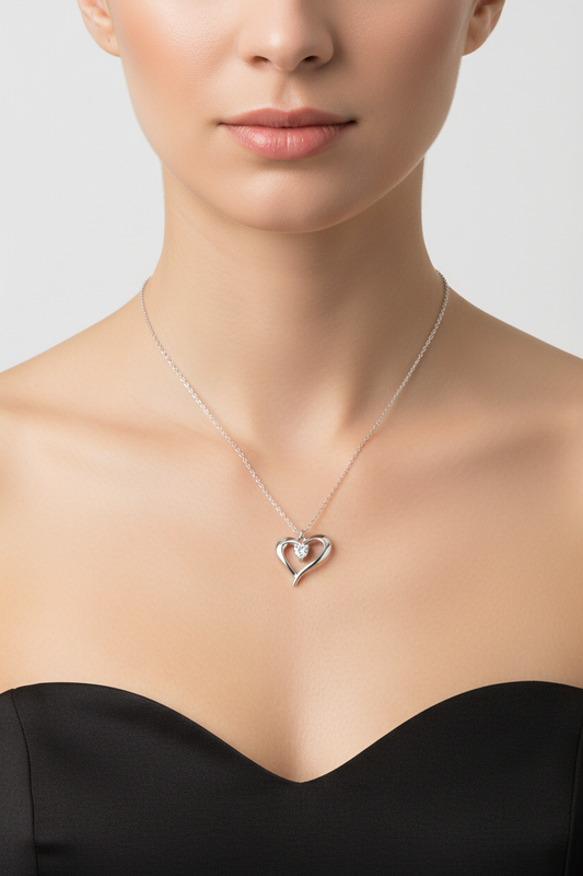 925 Sterling Silver Rhodium Plated Heart Clear CZ Necklace Pendant