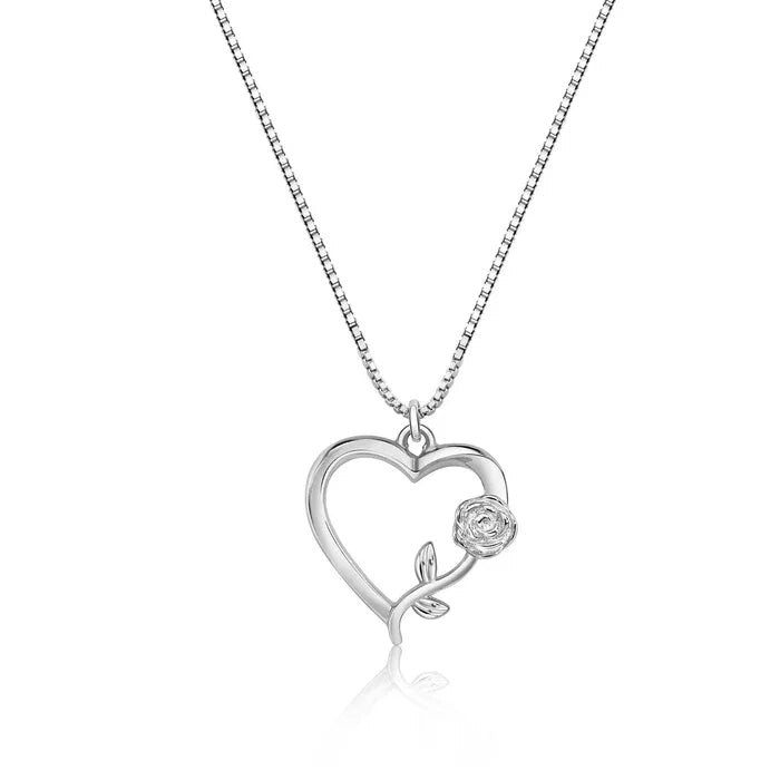 Sterling Silver Rhodium-Plated Heart Rose Necklace Pendant